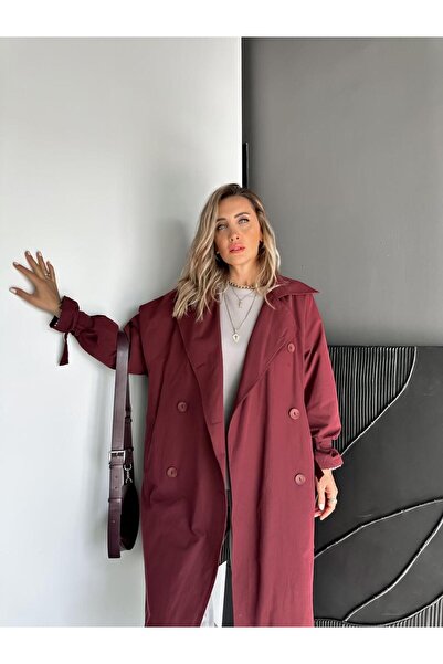 Zerrincan Giyim Bordo Kolu Bağlamalı Oversize Trençkot