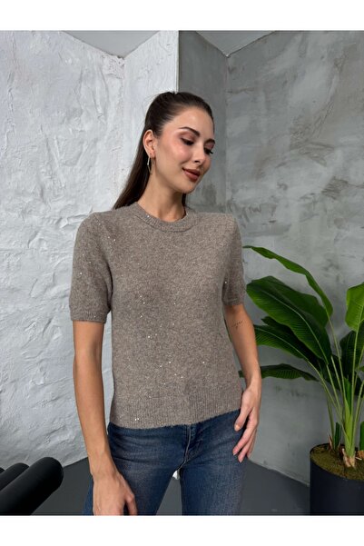 Elif Özbey Butik Pulover cu mânecă scurtă cu paiete din nurcă