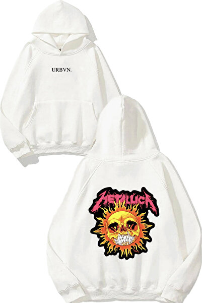 urbvn سويت شيرت أبيض كبير الحجم مطبوع عليه تصميم ميتاليكا صن