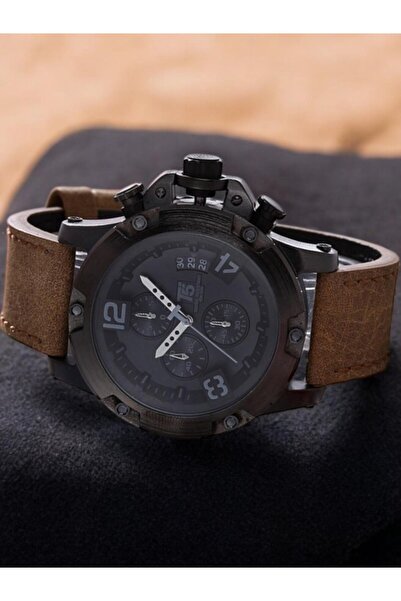 T5 Saat Merand T5 Men's Wristwatch – Large Case – Brown Leather Band – Calendar & Chronograph – Waterproof