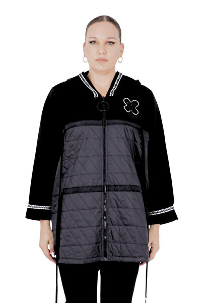 Darkmen Women's Plus Size Black Floral Motif Windbreaker Slim Jacket