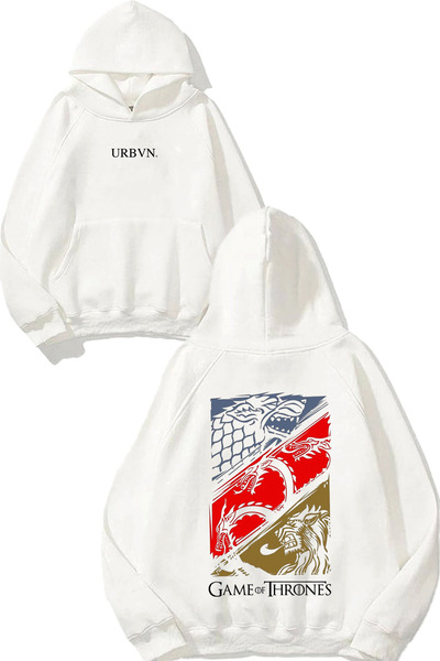 urbvn Game Of Thrones Tasarım Baskılı Oversize Beyaz Kapüşonlu Sweatshirt