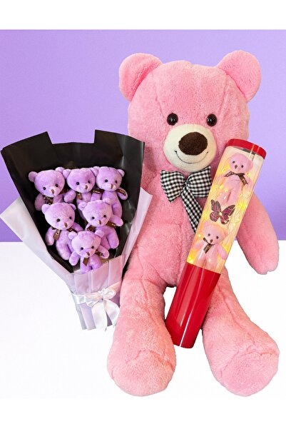Linalux Gifts Kız Arkadaşa Hediye Mor Ayıcık Buketi - 90cm Pembe Ayıcık ve Iş...