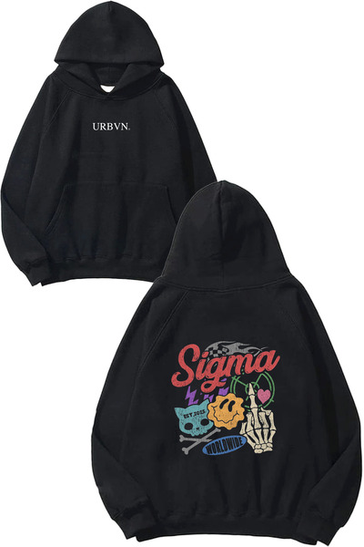 urbvn Sigma Design Printed Oversize Black Hooded Sweatshirt
