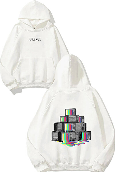 urbvn سويت شيرت أبيض كبير الحجم مطبوع بتصميم تلفزيون مع غطاء للرأس