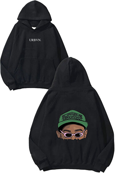 urbvn Hanorac negru supradimensionat cu glugă, cu imprimeu Supreme Cap Design