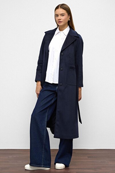 Olcay Reglan Sleeve Waist Tied Moher Coat Dark Blue 3156