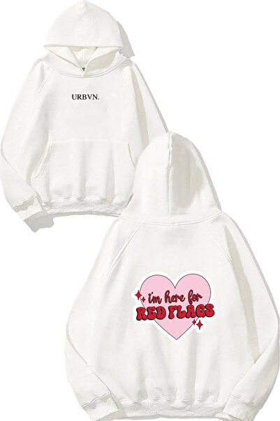 urbvn سويت شيرت أبيض كبير الحجم مطبوع عليه تصميم العلم الأحمر