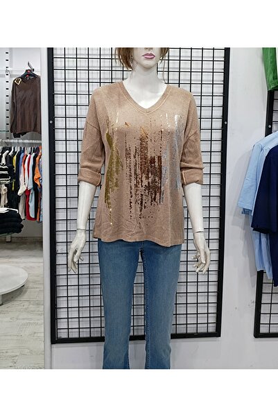 Butik Şans Printed V-Neck Soft Textured Italian Knitwear Blouse