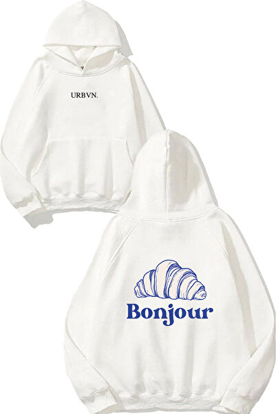 urbvn سويت شيرت بقلنسوة أبيض كبير الحجم مطبوع بتصميم بونجور كرواسان