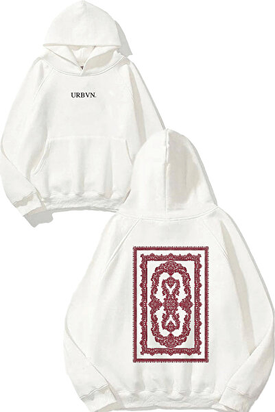urbvn سويت شيرت أبيض كبير الحجم مطبوع بتصميم سجادة مع غطاء للرأس