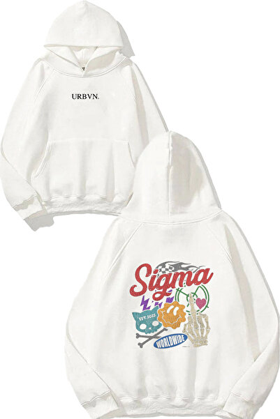 urbvn Sigma Design Printed Oversize White Hooded Sweatshirt