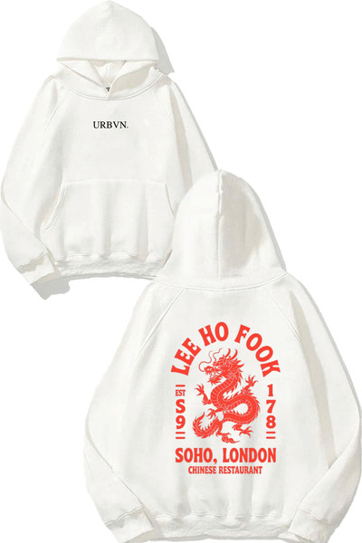 urbvn سويت شيرت أبيض كبير الحجم مطبوع بتصميم المطعم الصيني