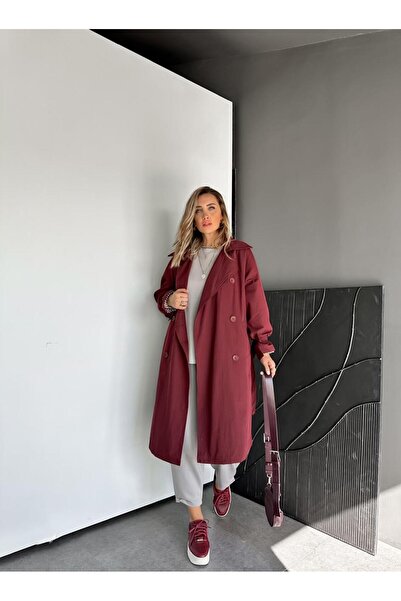 Zerrincan Giyim Bordo Kolu Bağlamalı Oversize Trençkot