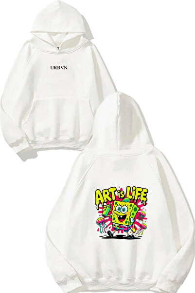 urbvn سويت شيرت أبيض كبير الحجم مطبوع عليه تصميم سبونج بوب