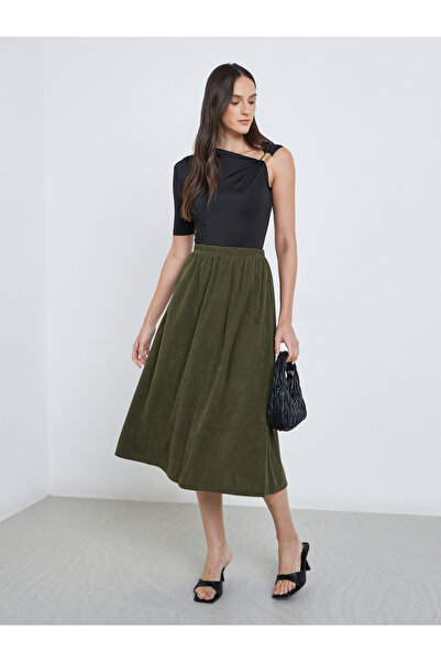 Styli Ribbed Elastic Waistband A-Line Midi Skirt