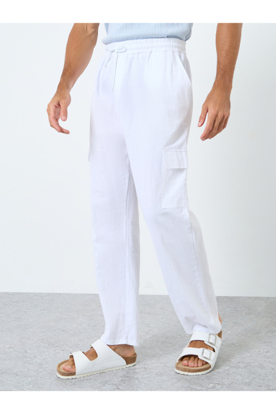 Styli Men Linen Blend Straight Leg Plain Trousers
