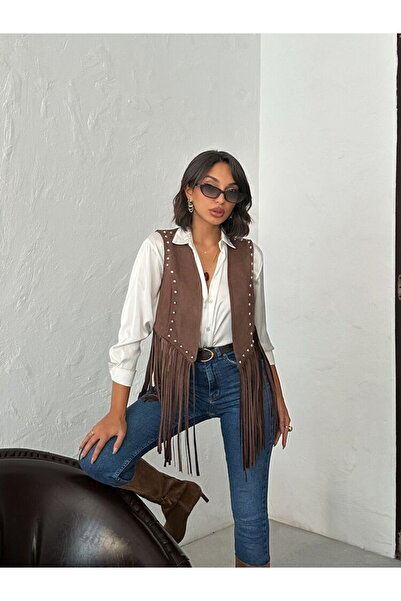 Hilals Butik Püsküllü Kahverengi Boncuk Detaylı Süet Yelek