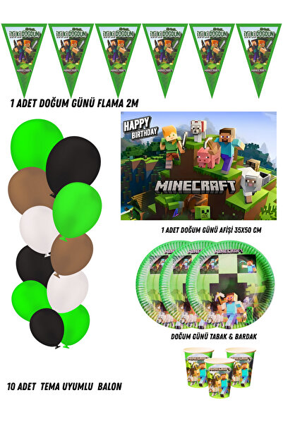 HAPPYLOOPPARTY MiNecRaFt 16 Kişilik Doğum Günü Parti Malzemeleri Süsleri Part...