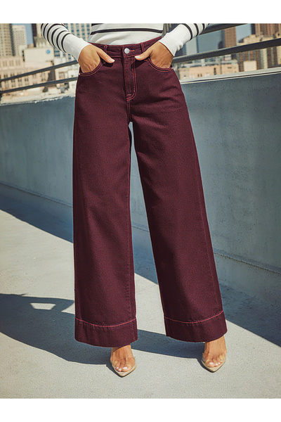 Take Two By Styli Burgundy High Rise Wide Leg Jeans