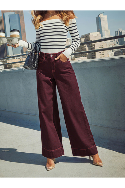 Take Two By Styli Burgundy High Rise Wide Leg Jeans