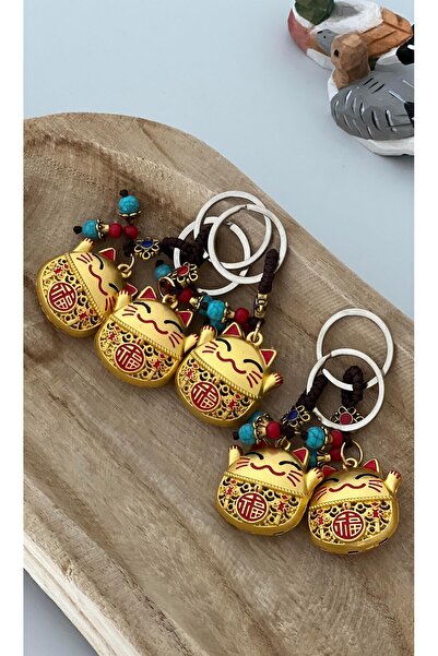 Miamantra مجموعة من 5 حلقات مفاتيح على شكل قطة فنغ شوي للبركة والحظ (5 قطع من مانيكي نيكو مع تفاصيل حمراء وذهبية)