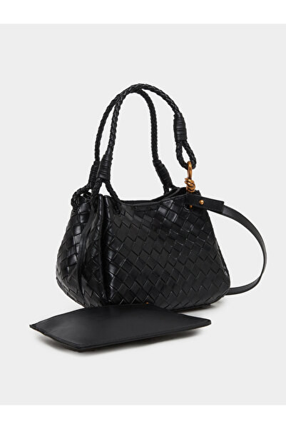 Take Two By Styli حقيبة كتف جلدية منسوجة باللون الأسود