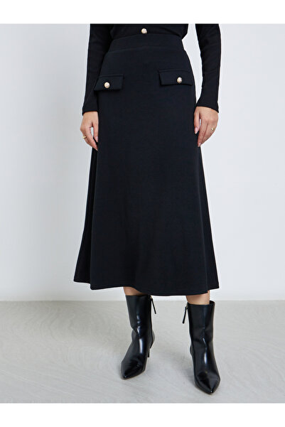 Styli Black Ribbed A-Line Midi Skirt