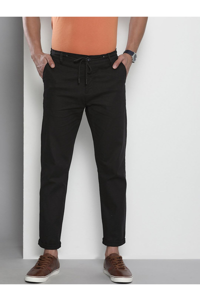 The Indian Garage Co By Styli Men Black Cotton Slim Fit Trousers