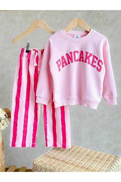Lolliboomkids Girl's New Season Pancake Printed Canvas Jogger Sweatshirt - Tracksuit Bottom Top Set Pink Color