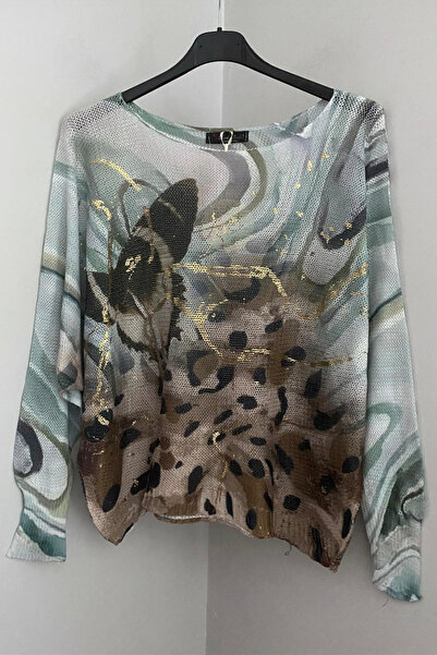 AYASOFYA OTANTIK Women's Italian Water Green Batik Butterfly Patterned Foil Detailed Batwing Sleeve Mercerized Blouse Sweater