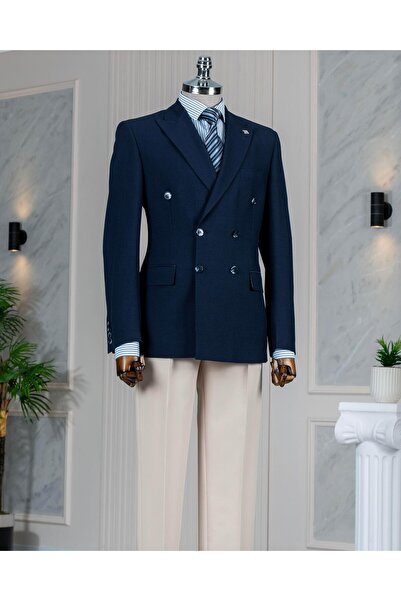 TerziAdemAltun Ανδρικό σακάκι με μονόπλευρο μυτερό γιακά σε ιταλικό στυλ, μπλε ναυτικό T13649