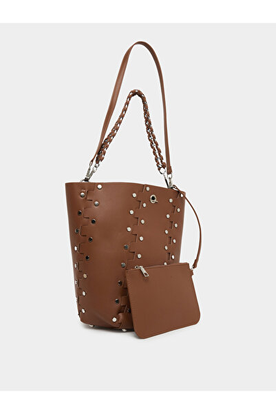 Styli Brown Studded Bucket Bag with Detachable Pouch