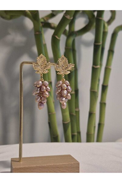 İNCİORA JEWELRY GERÇEK DOĞAL MOR İNCİ ÜZÜM YAPRAKLI SALKIM KÜPE