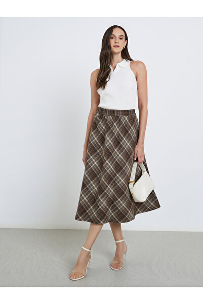 Styli Checked Elastic Waistband A-Line Midi Skirt