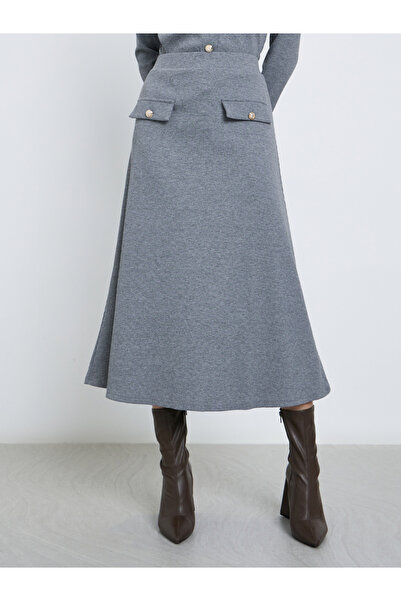 Styli Grey Ribbed A-Line Midi Skirt