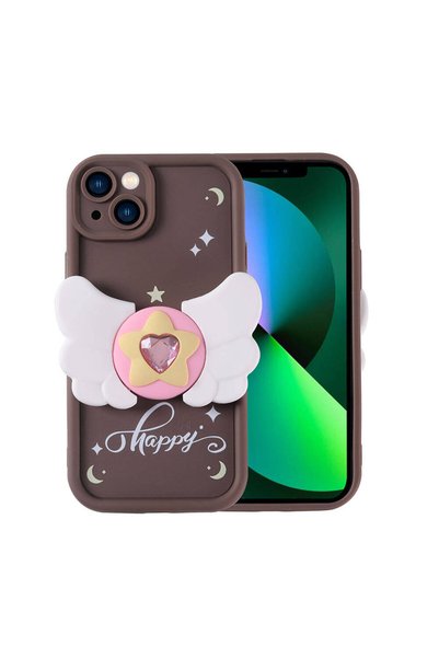 zore iPhone 13 Case Camera Protected Figure Design Shrp Kapya Cover - Dark Brown