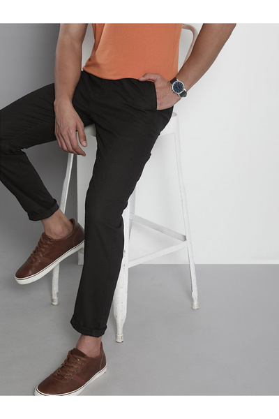 The Indian Garage Co By Styli Men Black Cotton Slim Fit Trousers