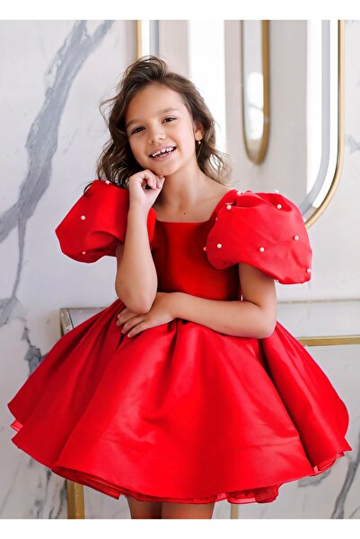 Asel Kids ΚΟΡΙΤΣΙΑΚΟ ΦΟΡΕΜΑ ΜΕ ΚΟΚΚΙΝΟ ΜΑΝΙΚΙΑ ΚΑΙ ΠΕΡΛΕΣ ΛΕΠΤΟΜΕΡΕΙΕΣ