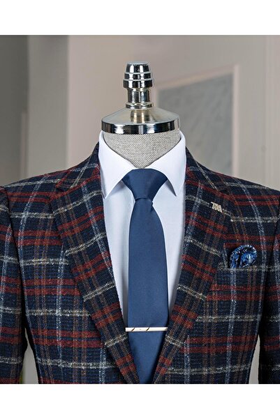 TerziAdemAltun Ανδρικό καρό μπουφάν ιταλικού στυλ slim fit σε μπλε ναυτικό T13438