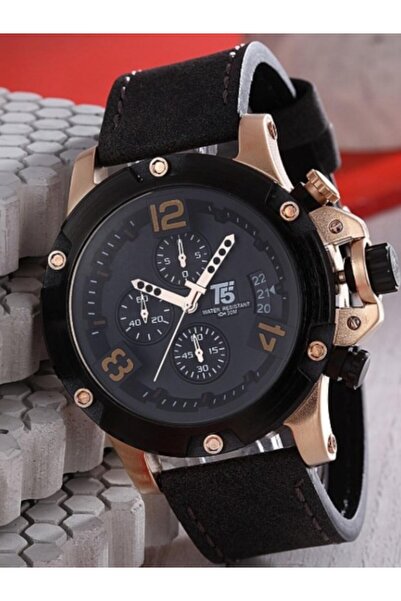 T5 Saat T5 Men's Wristwatch – Rose Gold Case – Black Leather Band – Chronograph & Calendar – Water Resistant