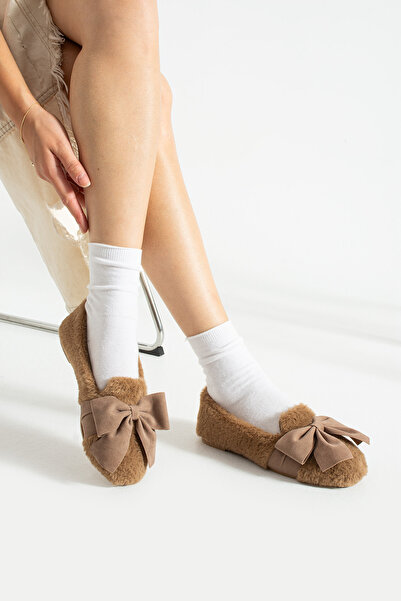 FootFrenzy Women's Bow Detailed Winter Indoor - Outdoor Winter Ballerinas