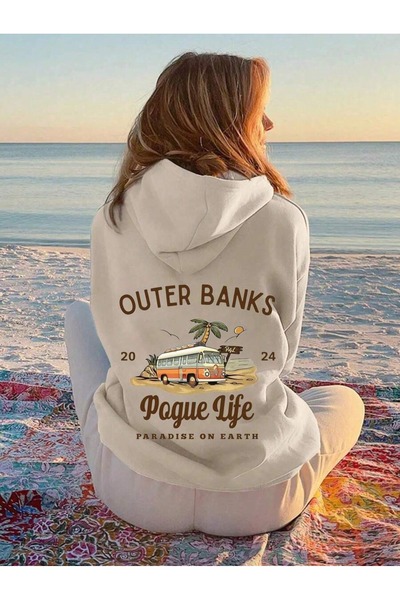 PALPİTO Unisex Bej Outer Banks Baskılı Kapüşonlu Hoodie Sweatshirt