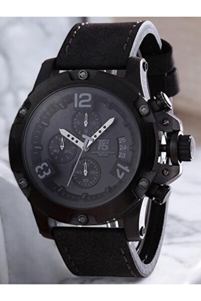 T5 Saat T5 Men's Wristwatch – Black Large Case – Black Leather Band – Chronograph & Calendar – Water Resistant
