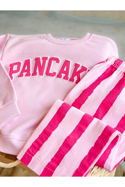 Lolliboomkids Girl's New Season Pancake Printed Canvas Jogger Sweatshirt - Tracksuit Bottom Top Set Pink Color