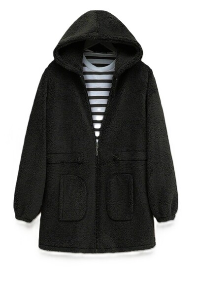 NAYBER FASHİON KADIN UZUN KOLLU LASTİKLİ FERMUARLI KAPŞONLU PELUŞ MONT