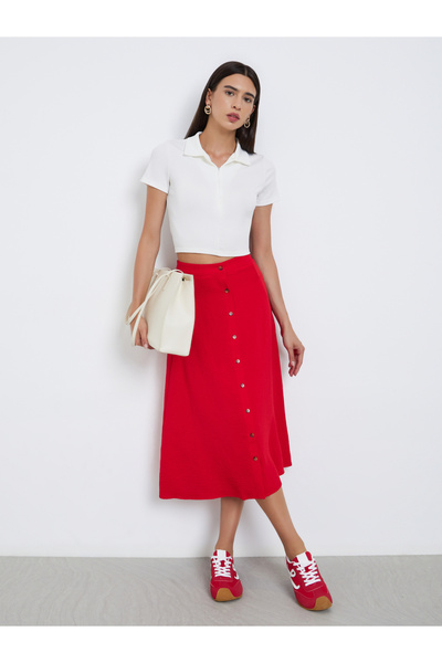 Take Two By Styli Solid Button Detail A-Line Midi Skirt