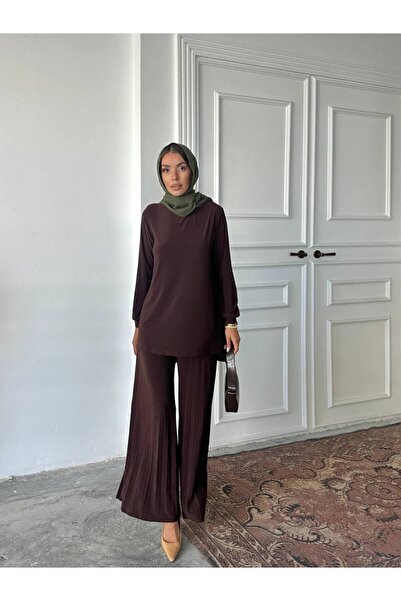 Genel Markalar Tesettür Piliseli Pantolon Tunik Sandy İkili Takım