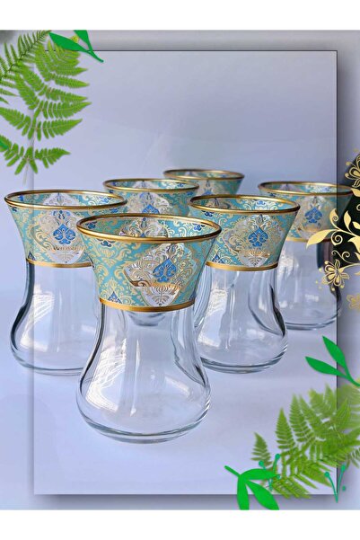 SAMSA طقم شاي من البورسلين بنمط أخضر مطلي بالذهب مكون من 6 أكواب وصحون