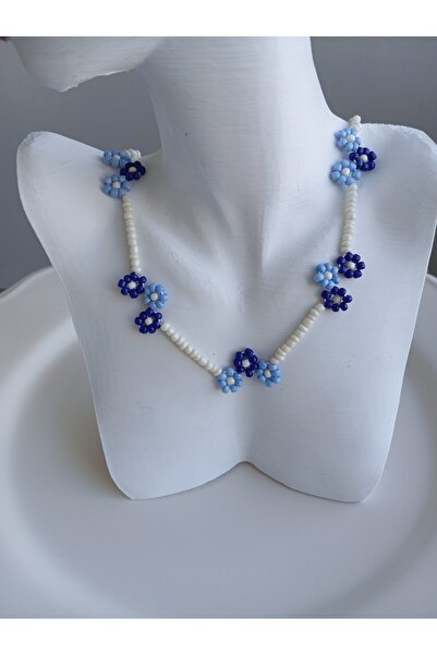 Duayen Design Kadın Mavi Lacivert Boncuklu Çiçek Figürlü Kolye